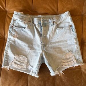 Levi’s 501 Light Blue Button Fly Distressed Denim Shorts